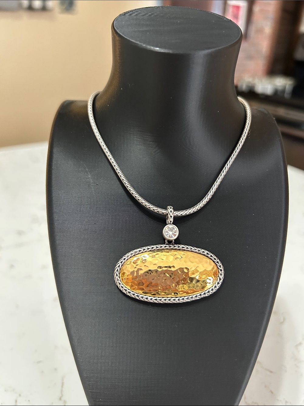 Premier Designs Hammered Gold Oval Pendant Necklace with Rope-Edge Silver Chain